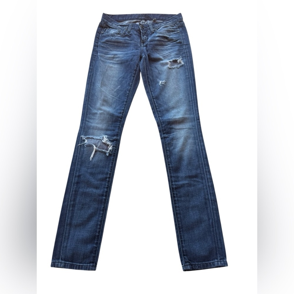 Bebe.   Skinny Blue Jeans with Distressed Fading